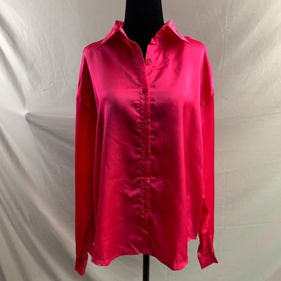 Hot Pink Satin Button Down Blouse - Picture 6 of 6
